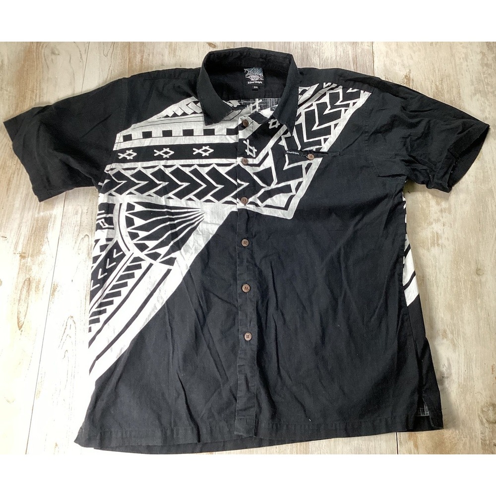 Tribal Origin Black Cotton Button Down‎ Shirt Men's 2x Festival Boho Minimalist